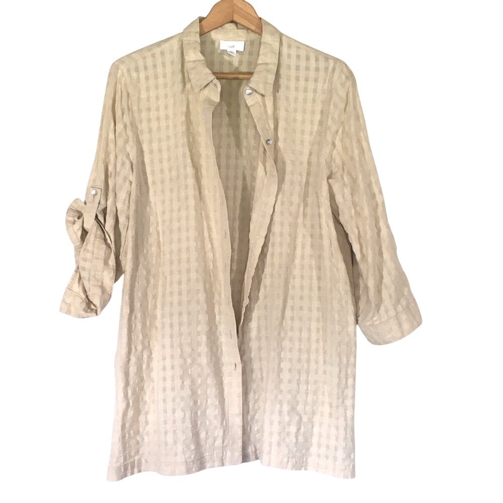 J. Jill Textured Grid Roll-Tab Sleeve Button Down Tunic Size L Beige
